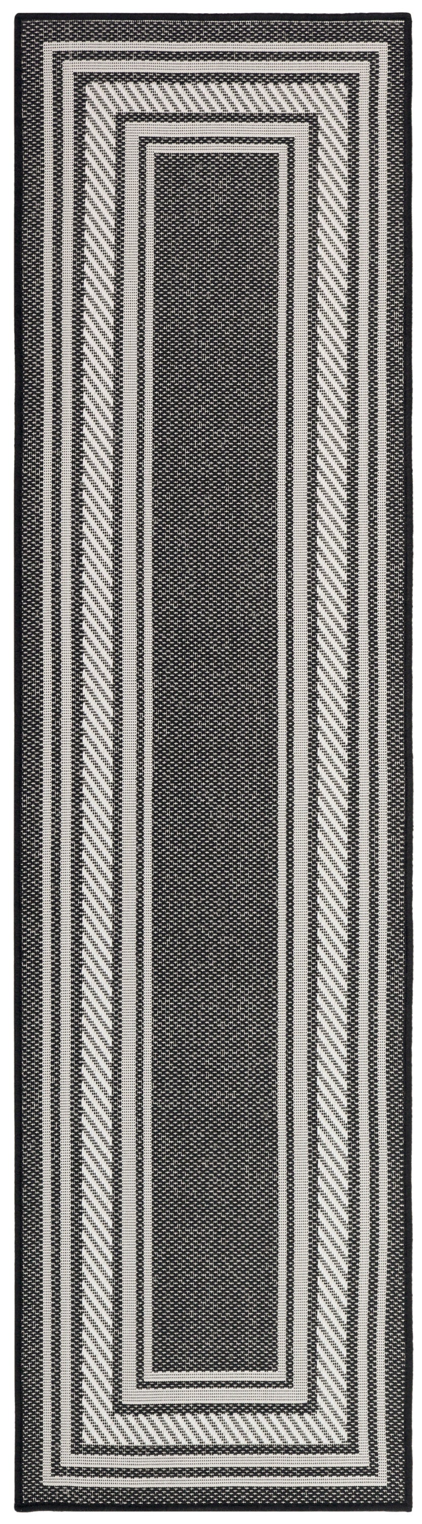 Long black and cream woven runner rug with concentric rectangular borders and a textured central panel.