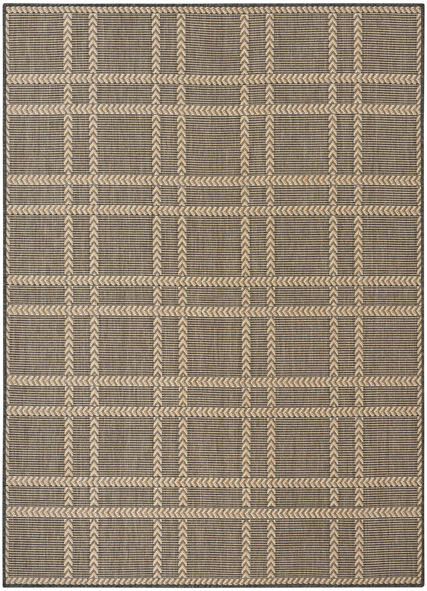 Rectangular brown woven rug with beige braided lines forming a geometric grid; rustic natural-fiber look.