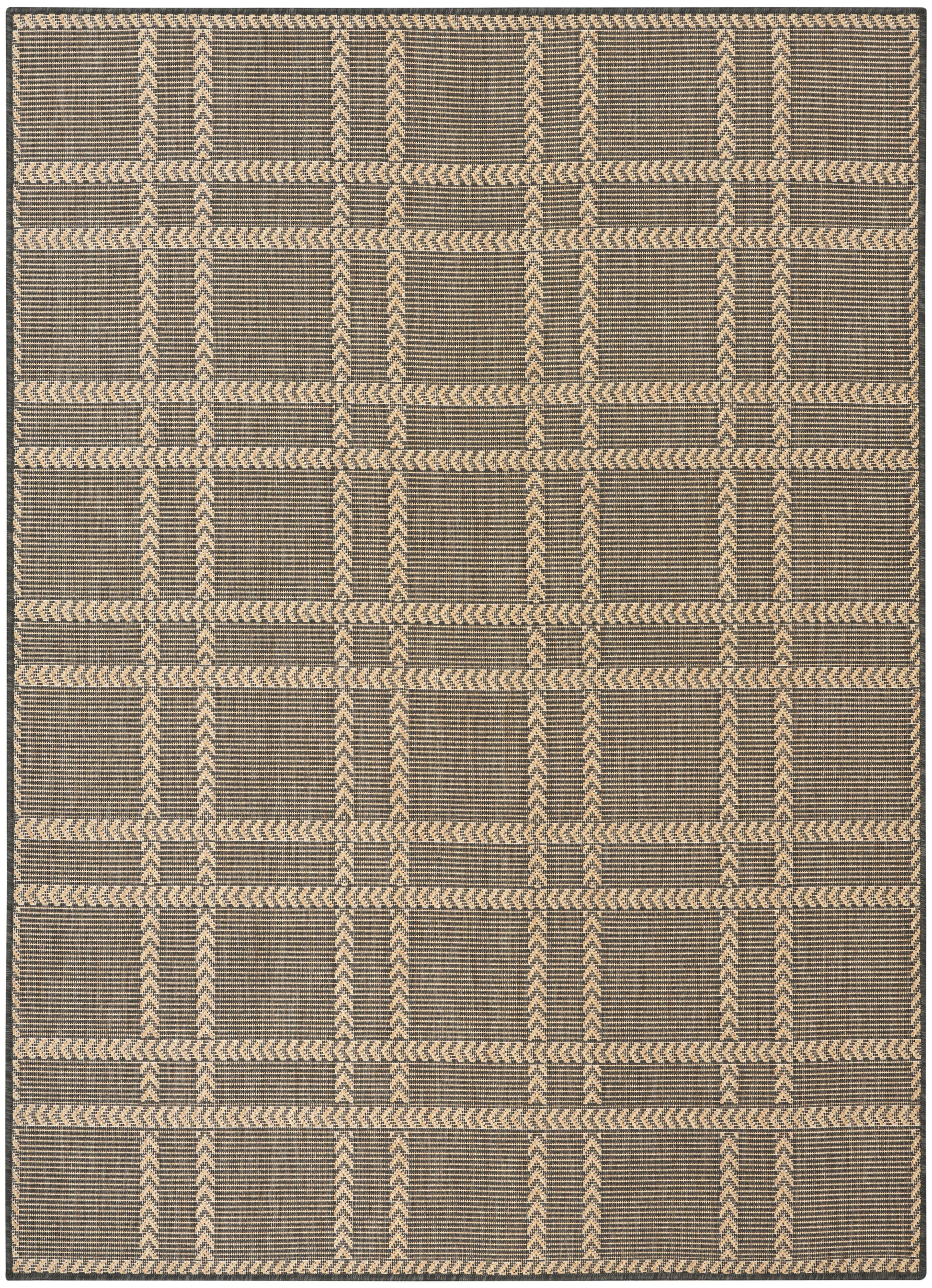 Rectangular brown woven rug with beige braided lines forming a geometric grid; rustic natural-fiber look.