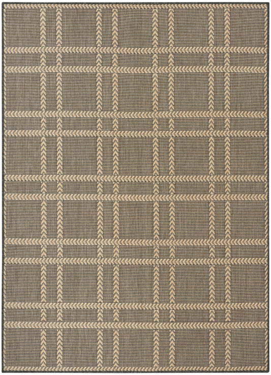 Rectangular brown woven rug with beige braided lines forming a geometric grid; rustic natural-fiber look.