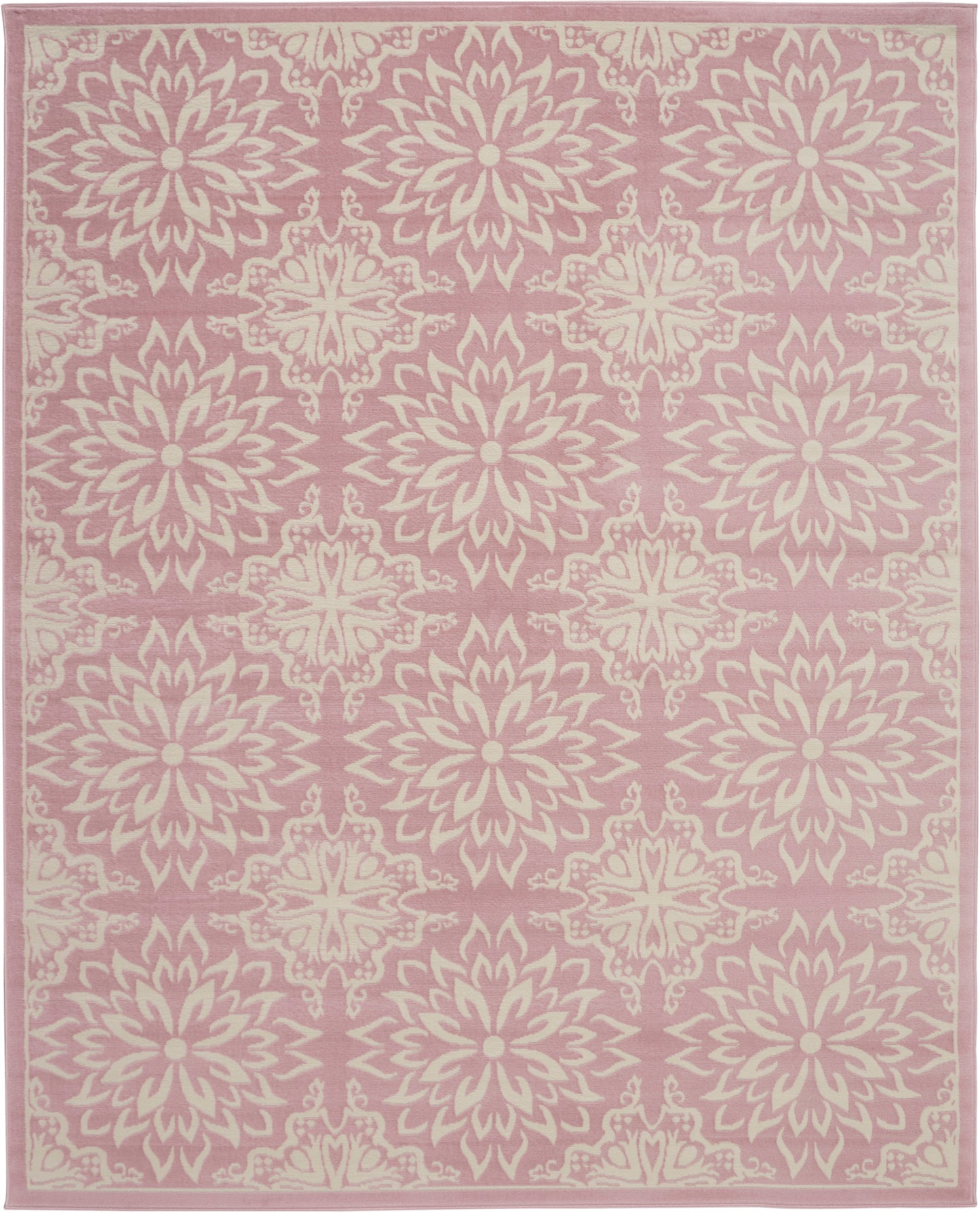 Pink rug with cream floral medallion pattern; rectangular area rug for living room decor.