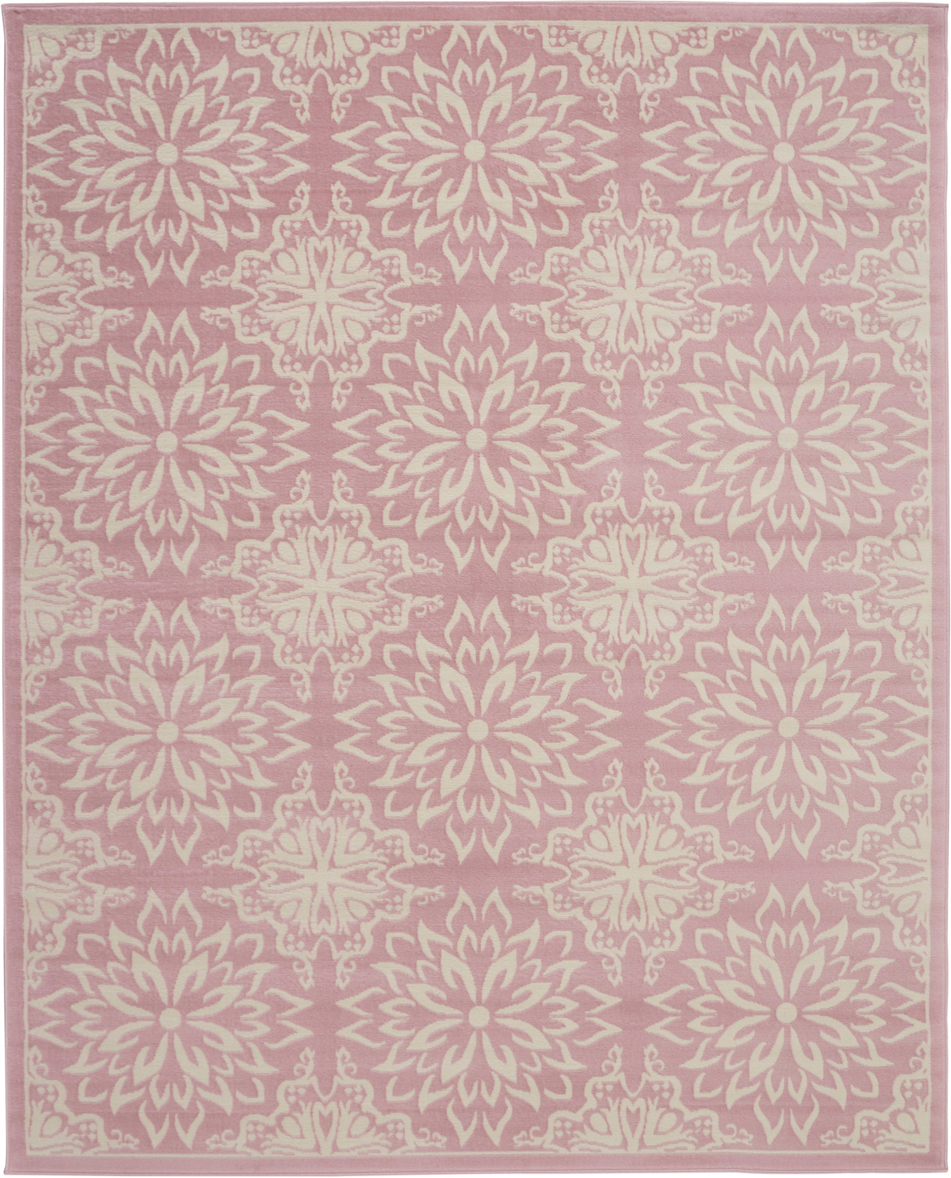 Pink rug with cream floral medallion pattern; rectangular area rug for living room decor.