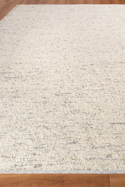 Beige textured area rug with subtle gray speckles on warm wood floor.