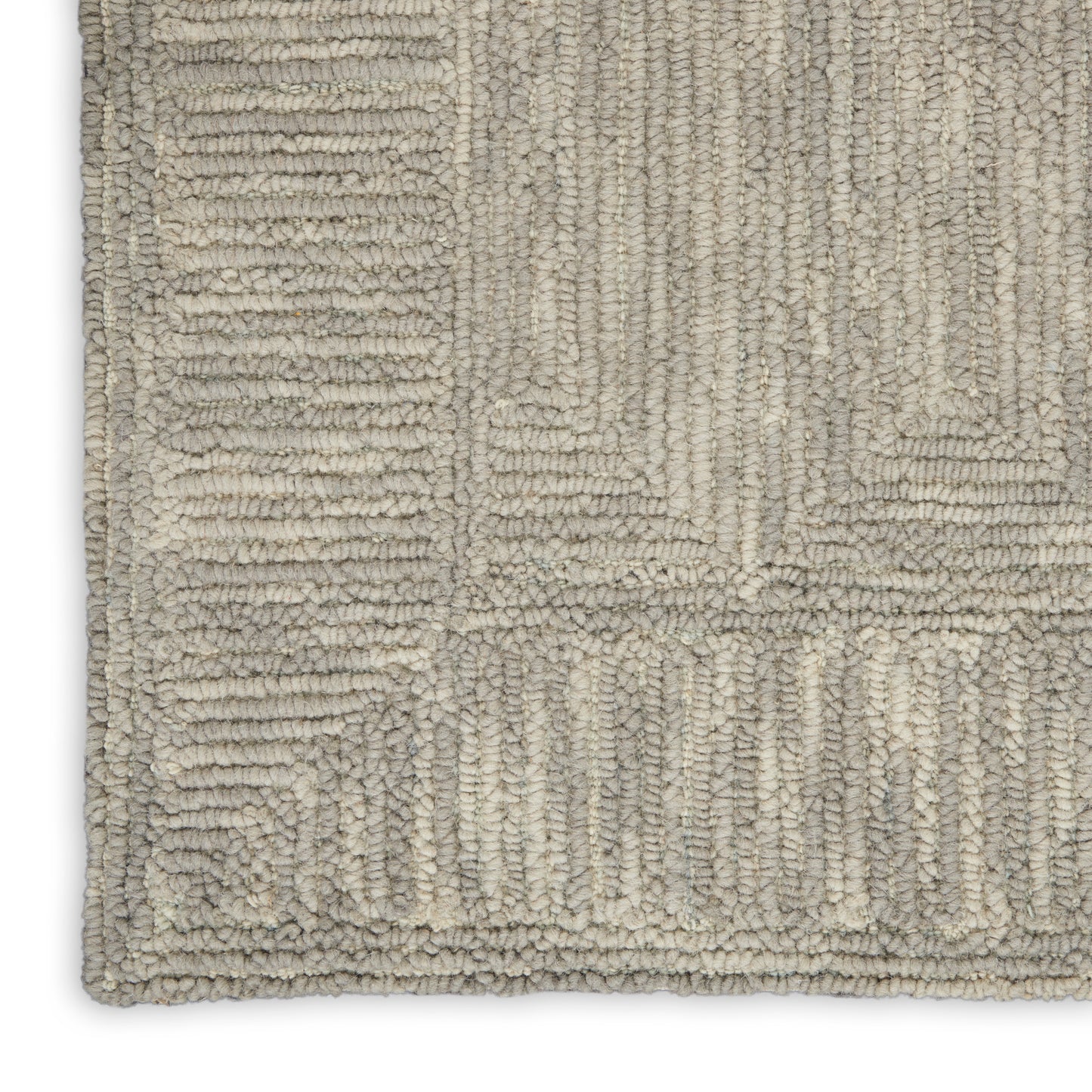 Beige-gray textured shag rug with geometric rectangular block pattern and plush, looped pile.