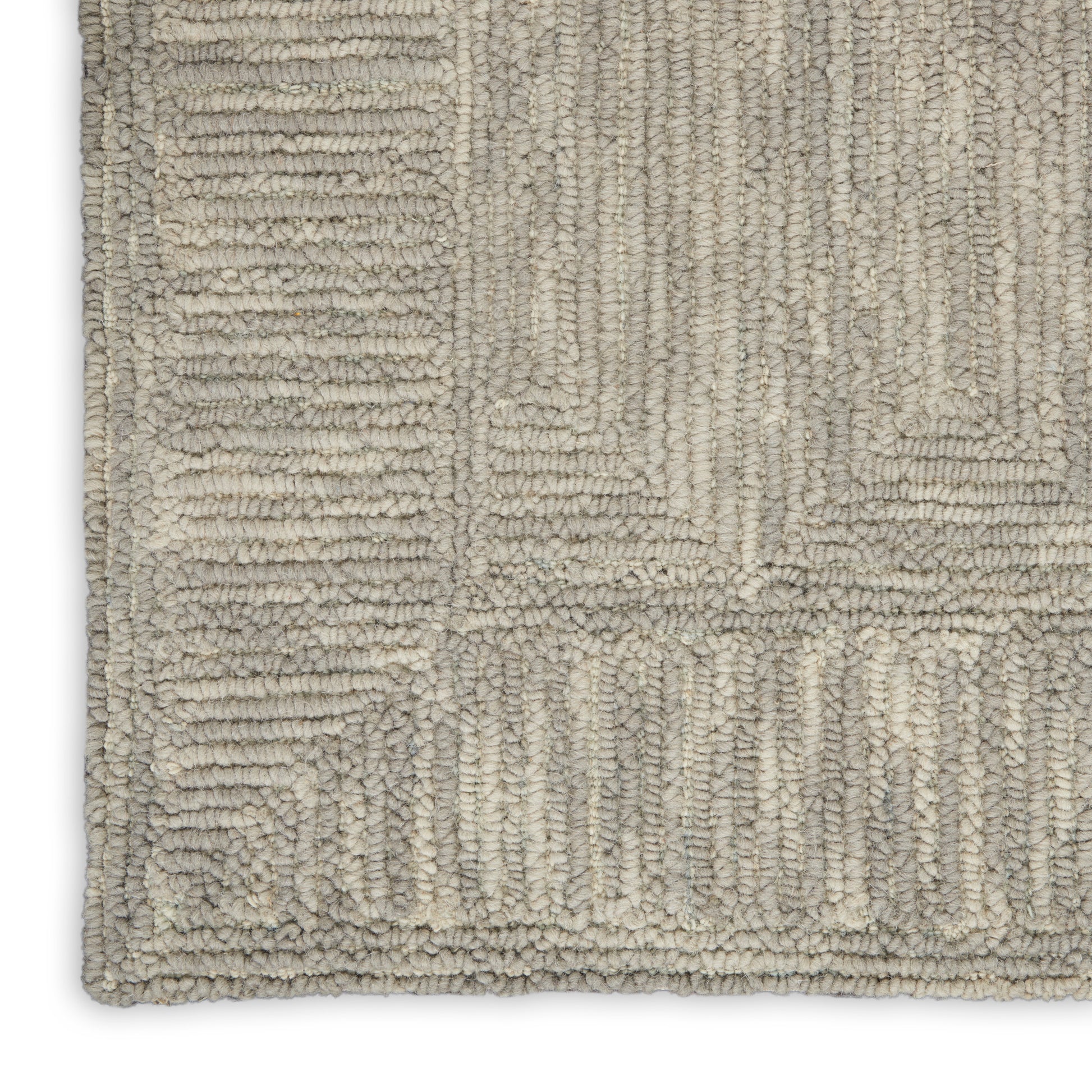 Beige-gray textured shag rug with geometric rectangular block pattern and plush, looped pile.