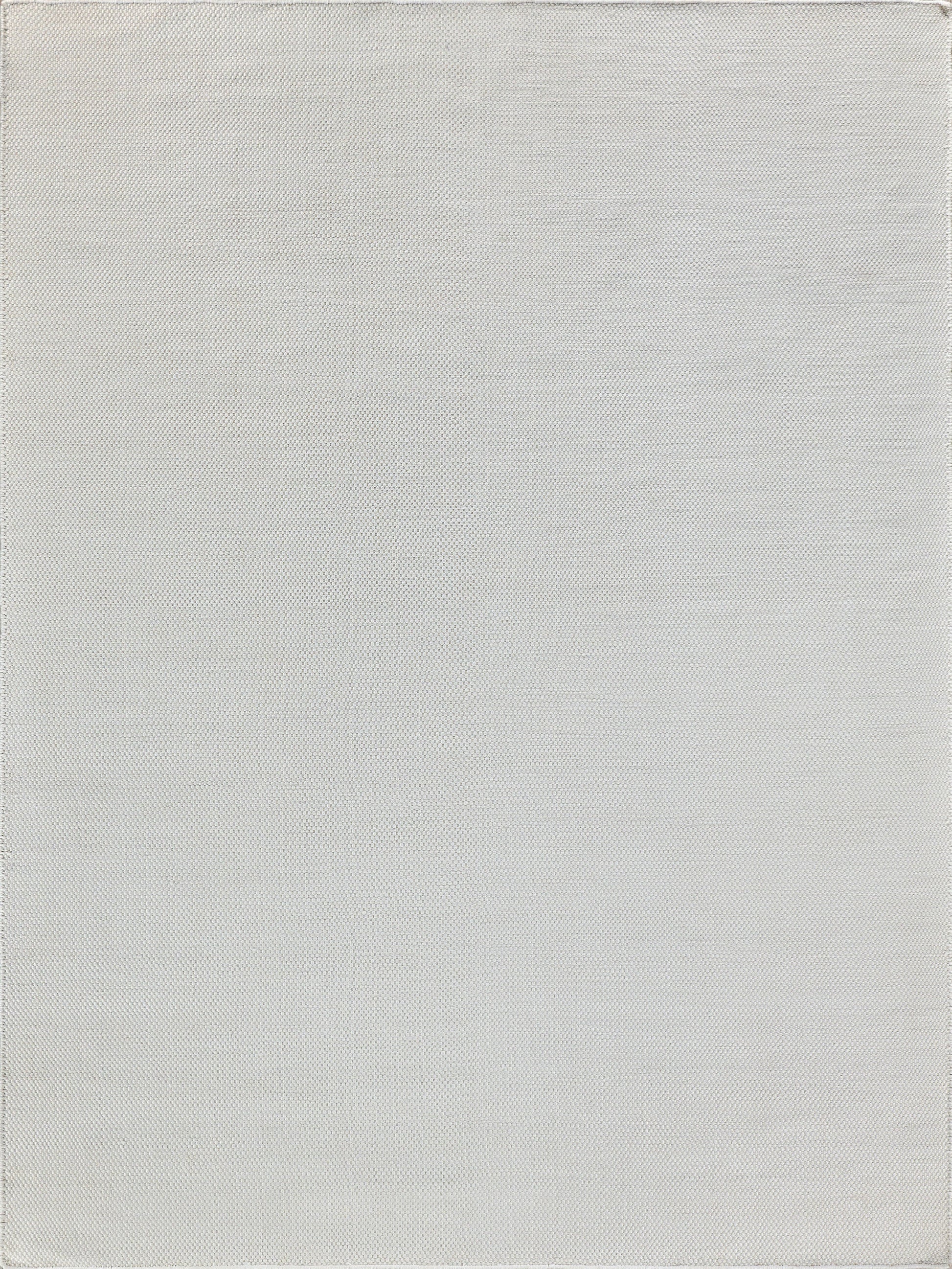 Light gray linen-weave rug; indoor hand-loomed, 9' x 12'.