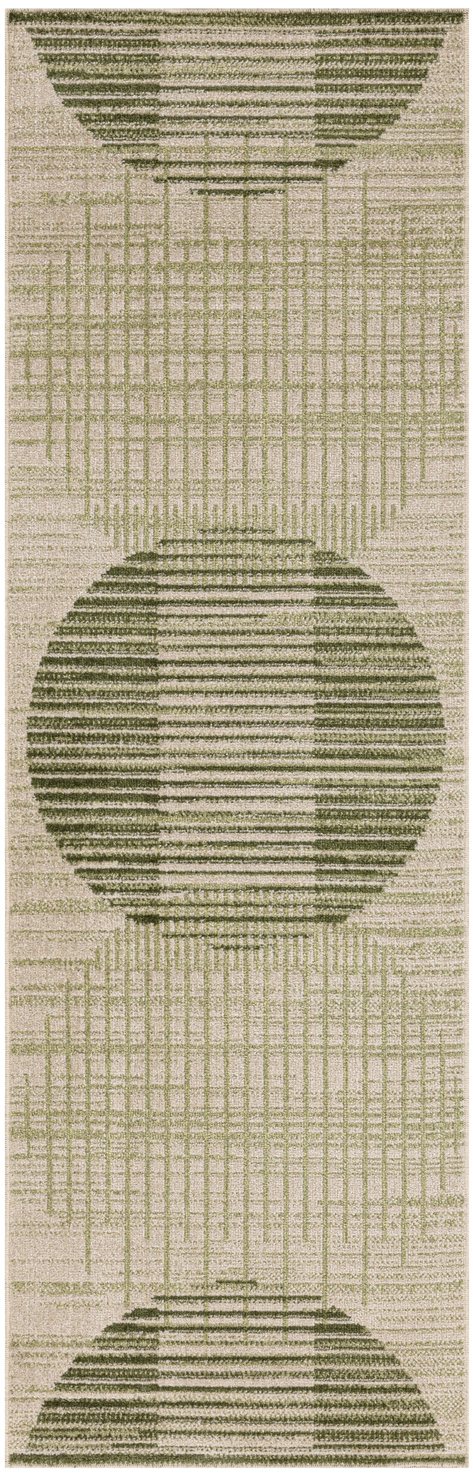 Beige mid-century modern runner rug with three olive-green circular motifs and a vertical linear grid pattern.