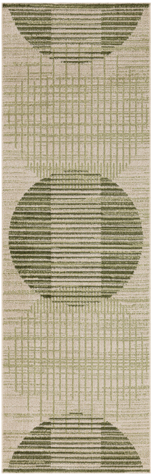 Beige mid-century modern runner rug with three olive-green circular motifs and a vertical linear grid pattern.