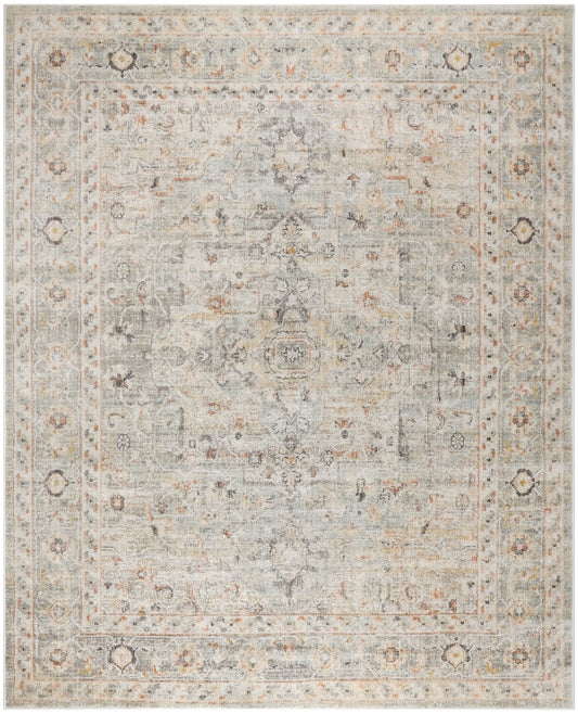 Soft gray-beige oriental rug with a faded vintage pattern, pale blue and peach accents, central medallion, ornate border.