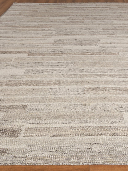 Beige cream striped hand loomed rug with subtle geometric blocks; modern neutral floor covering, 8' x 10'.