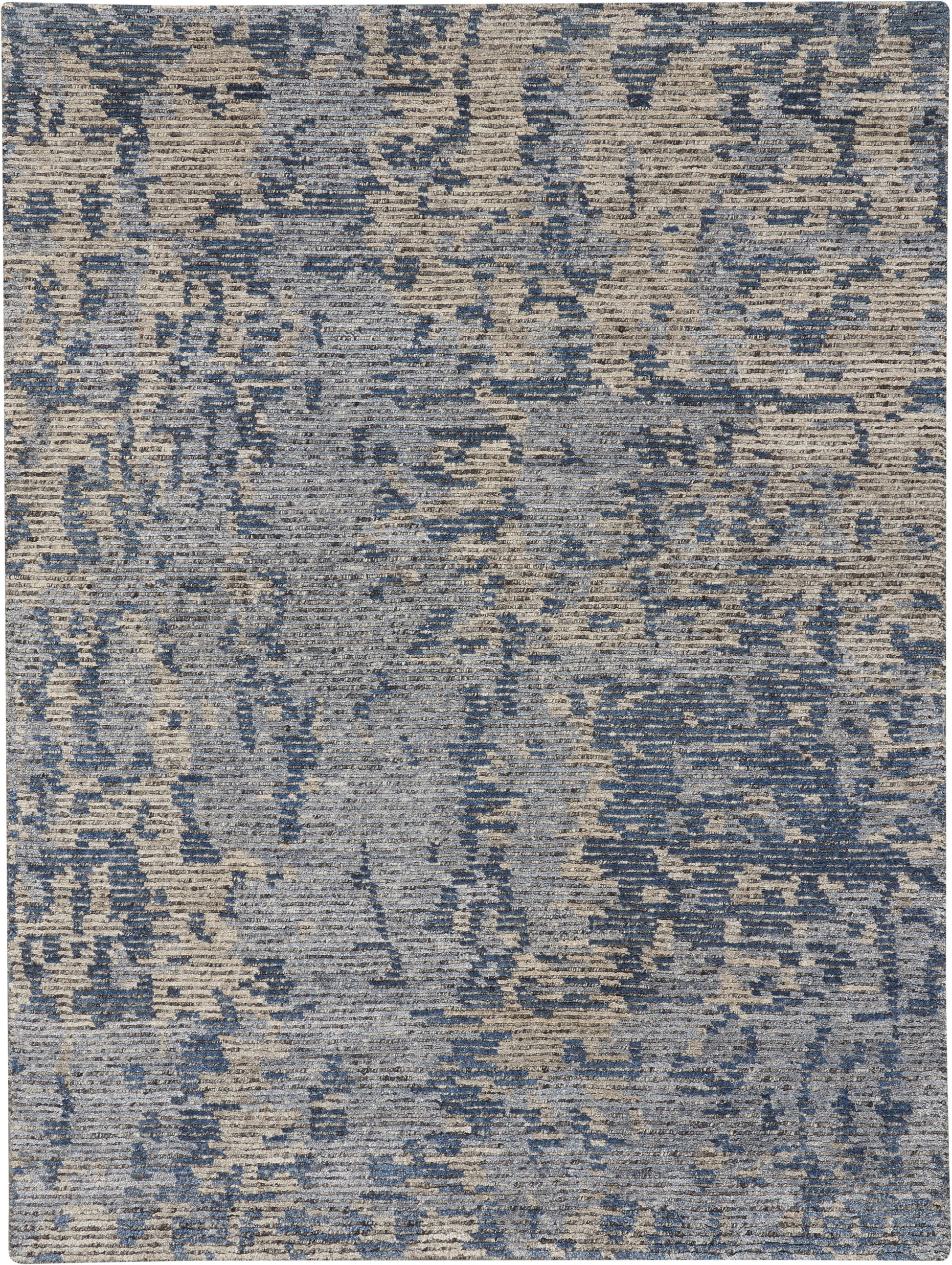 Rectangular blue-gray distressed woven rug with abstract pattern, modern contemporary style for living room or bedroom.