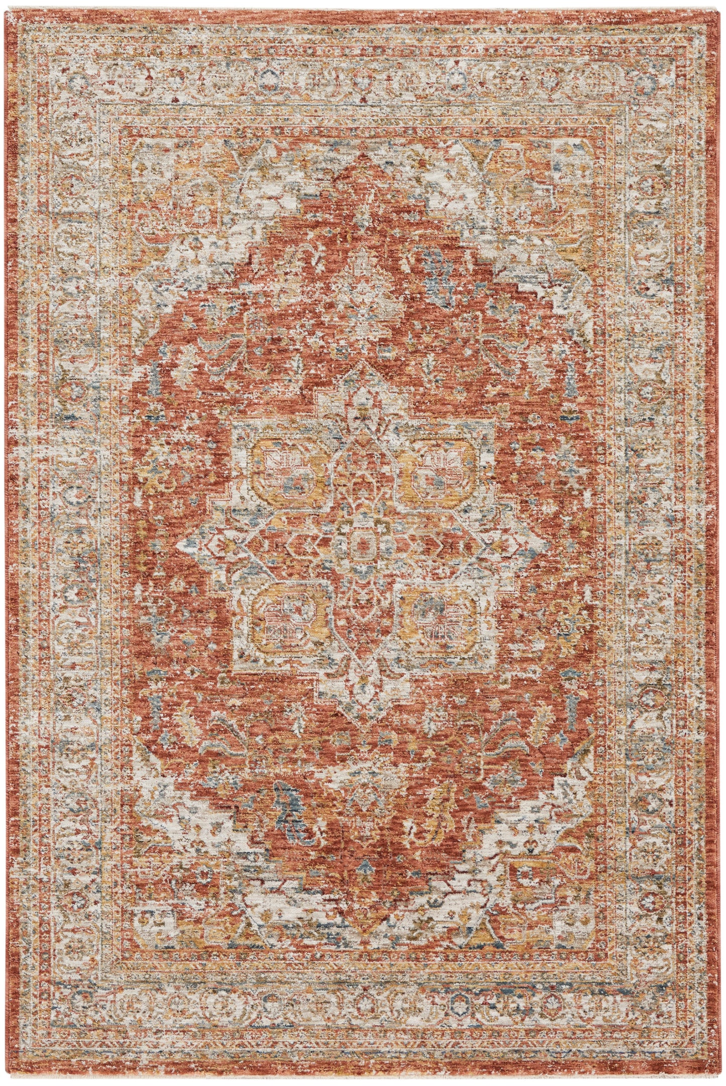 Rectangular vintage oriental rug with rust-red central field, ivory borders, blue accents; distressed medallion design.
