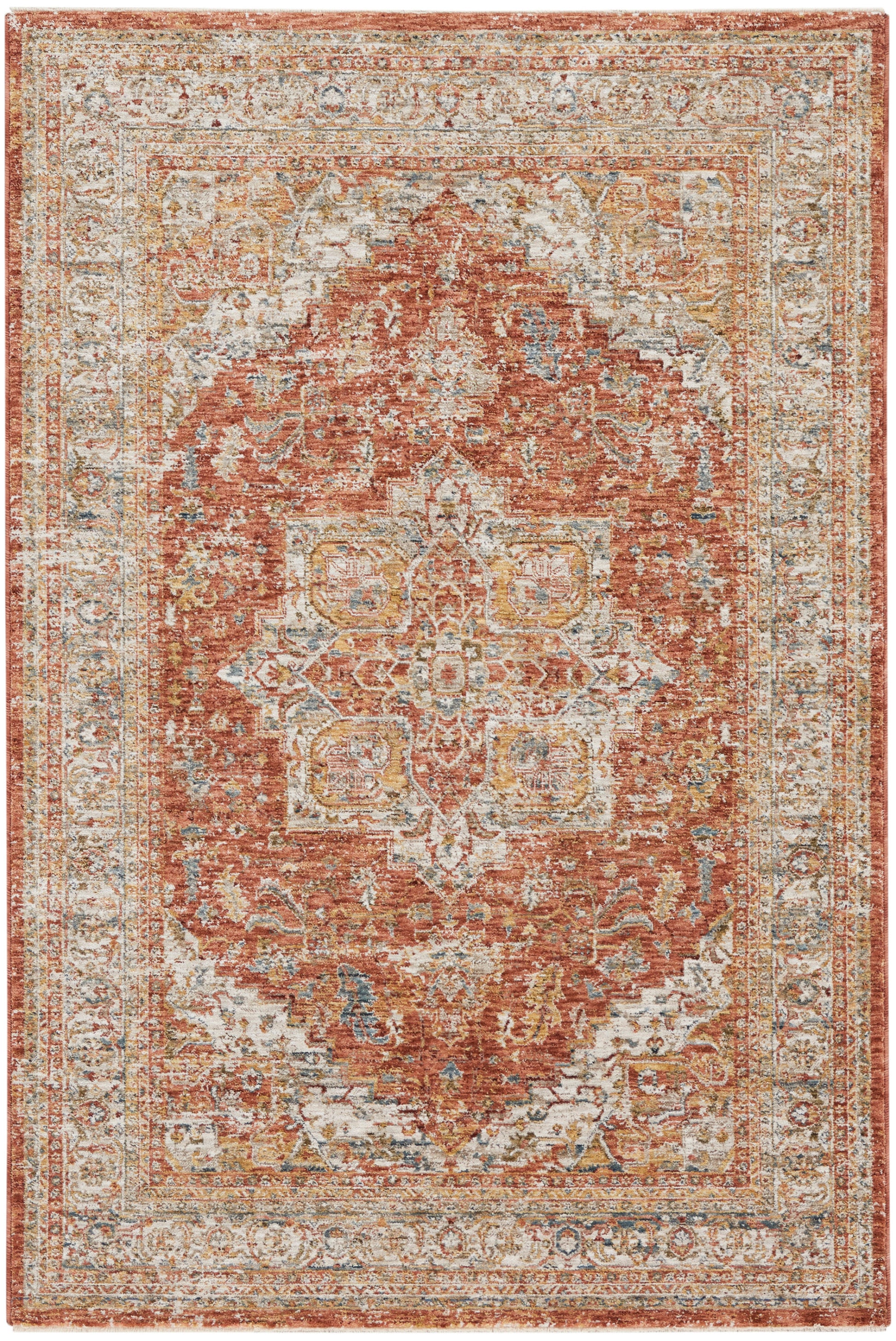 Rectangular vintage oriental rug with rust-red central field, ivory borders, blue accents; distressed medallion design.