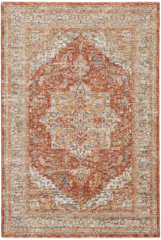 Rectangular vintage oriental rug with rust-red central field, ivory borders, blue accents; distressed medallion design.