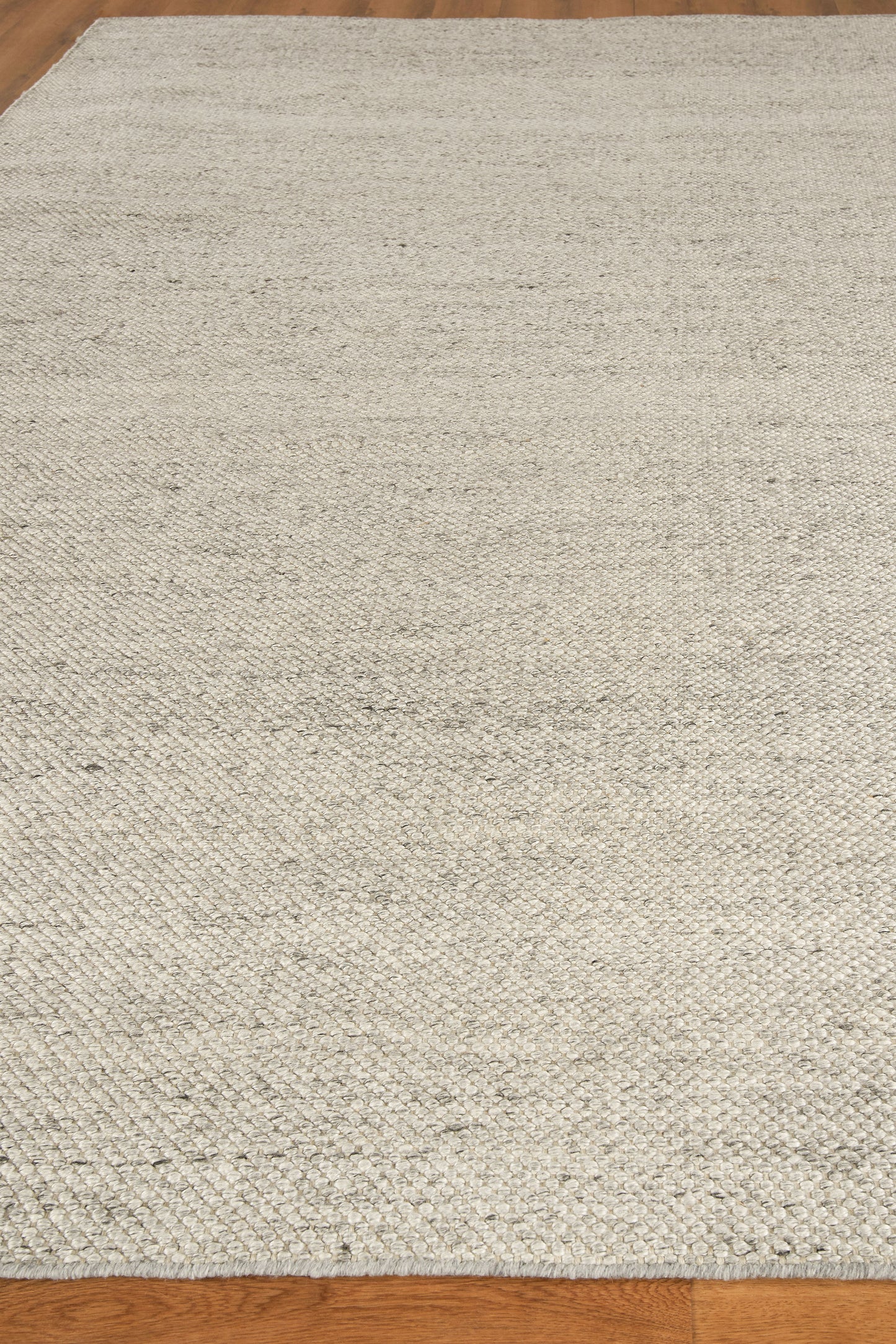 Light beige woven area rug with subtle texture on hardwood floor.
