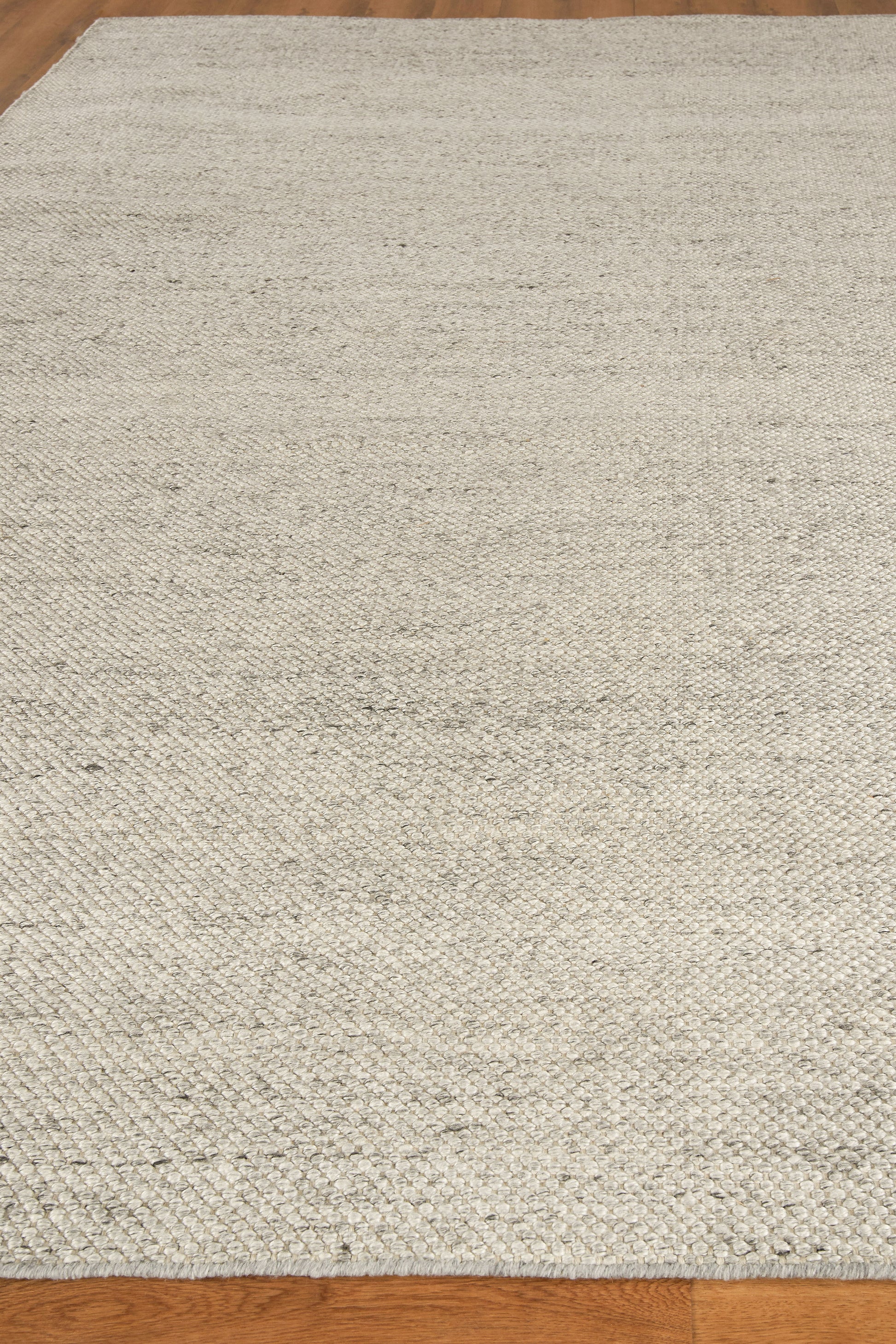 Light beige woven area rug with subtle texture on hardwood floor.