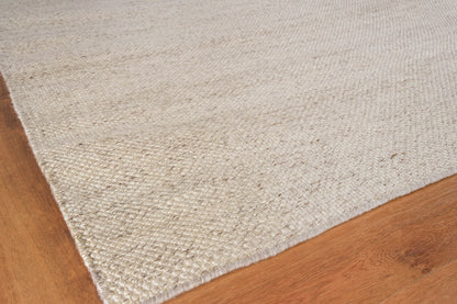 Beige natural-fiber rug with chunky loop weave on warm wood floor.