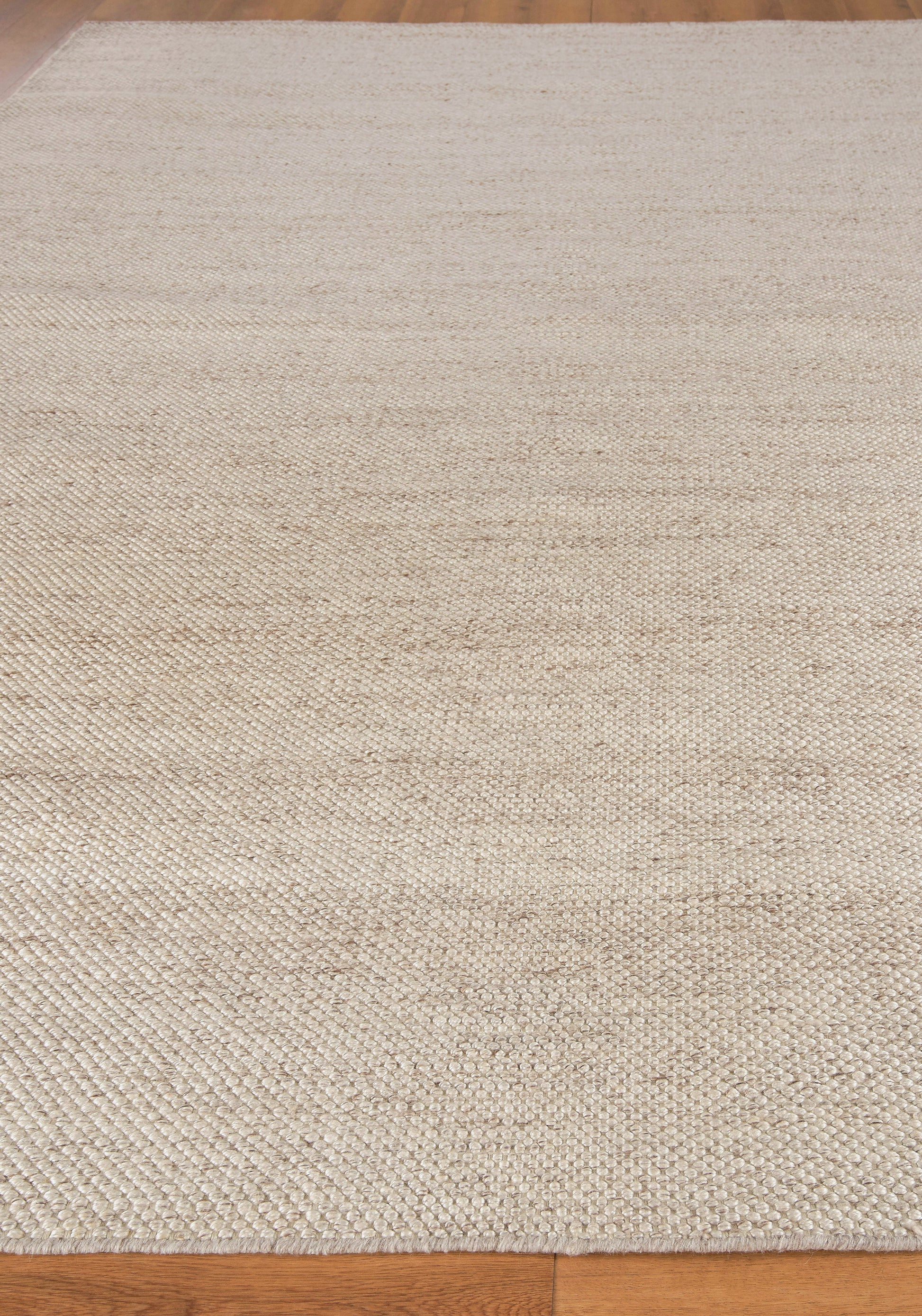 Light beige flatwoven jute rug, natural fiber, rectangular, textured weave on wood floor, casual coastal style