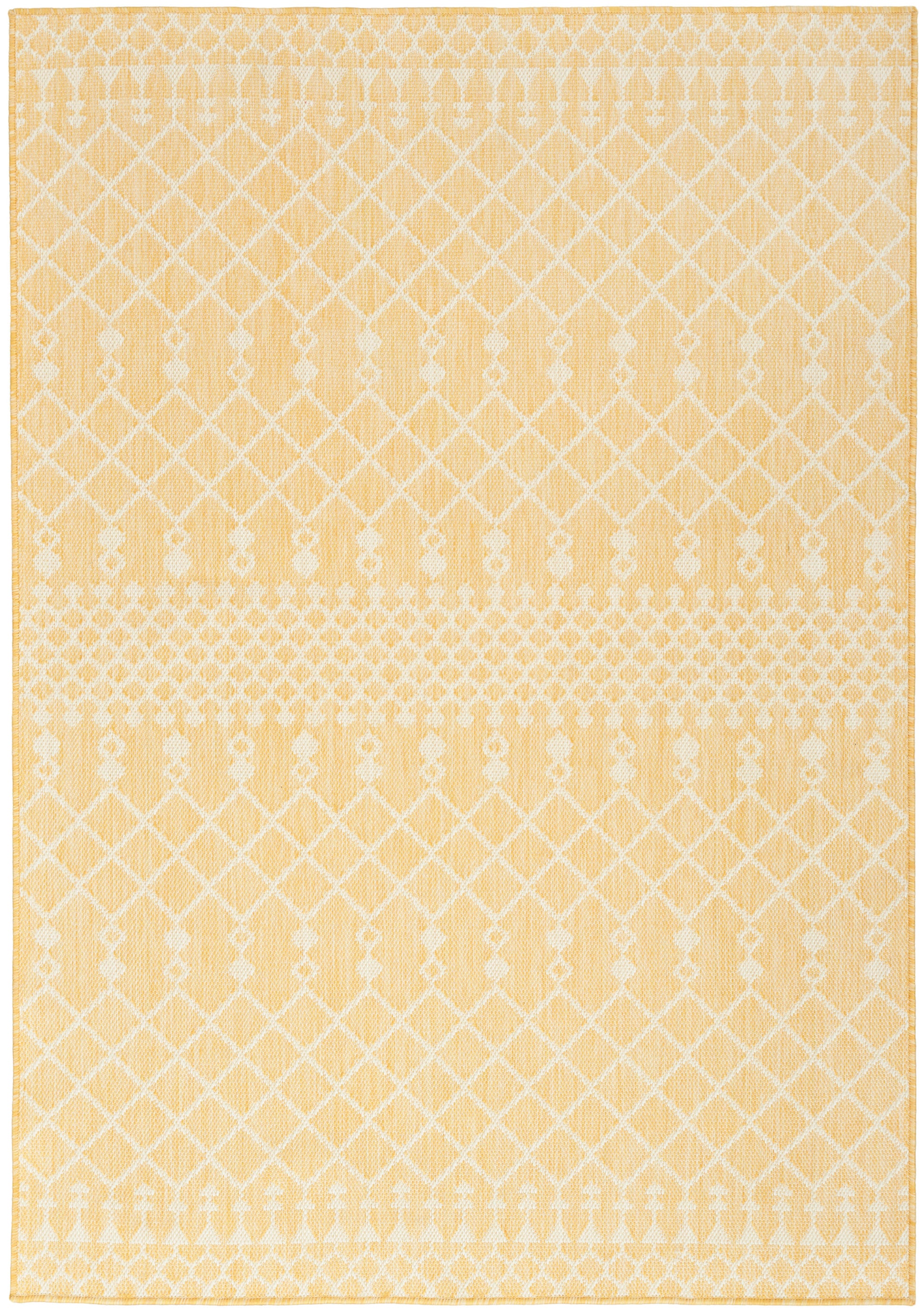 Yellow-beige woven rug with white diamond lattice and decorative band patterns; rectangular area rug.