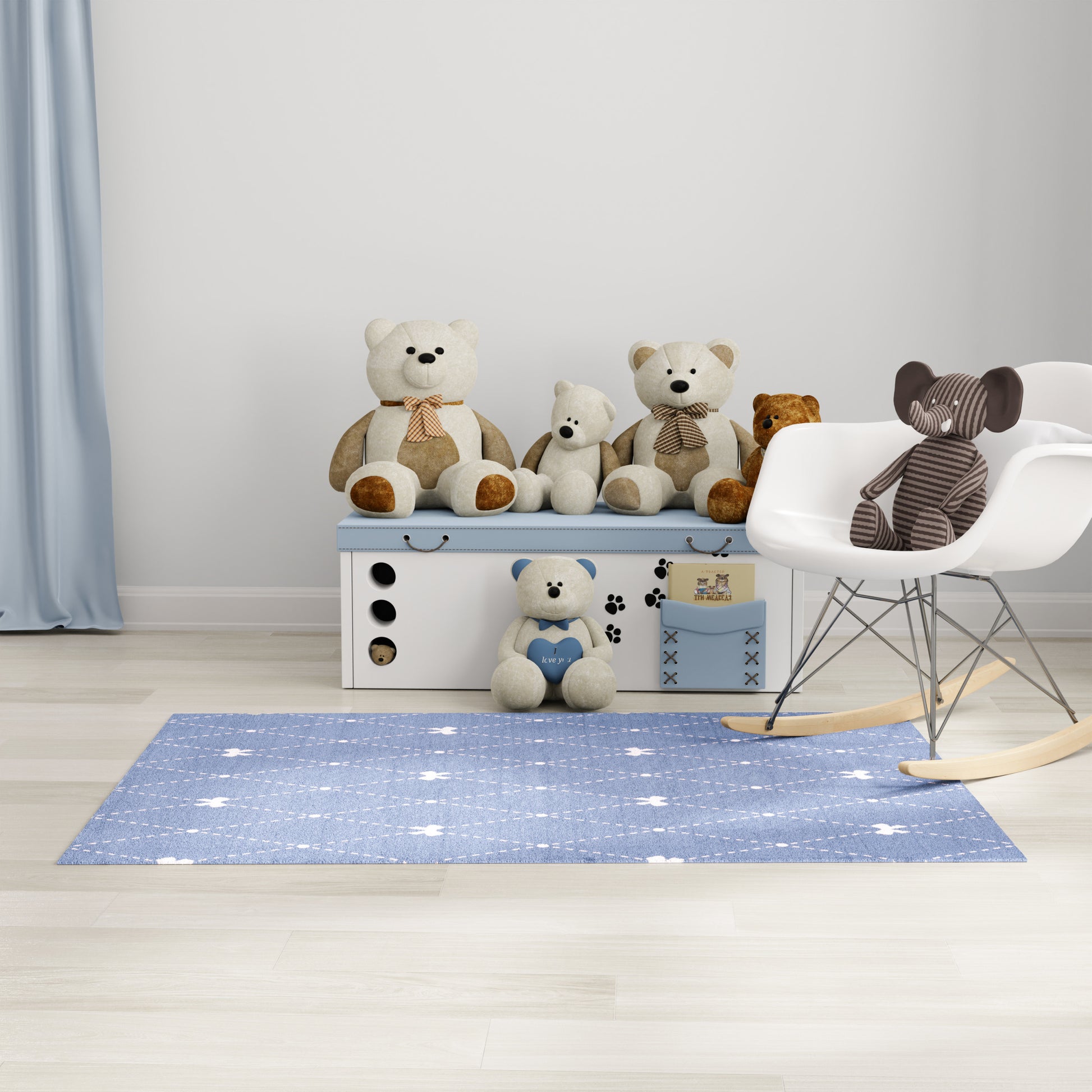 Playroom scene with light wood floor, blue rug, white modern chair, and plush teddy bears on a blue storage bench.