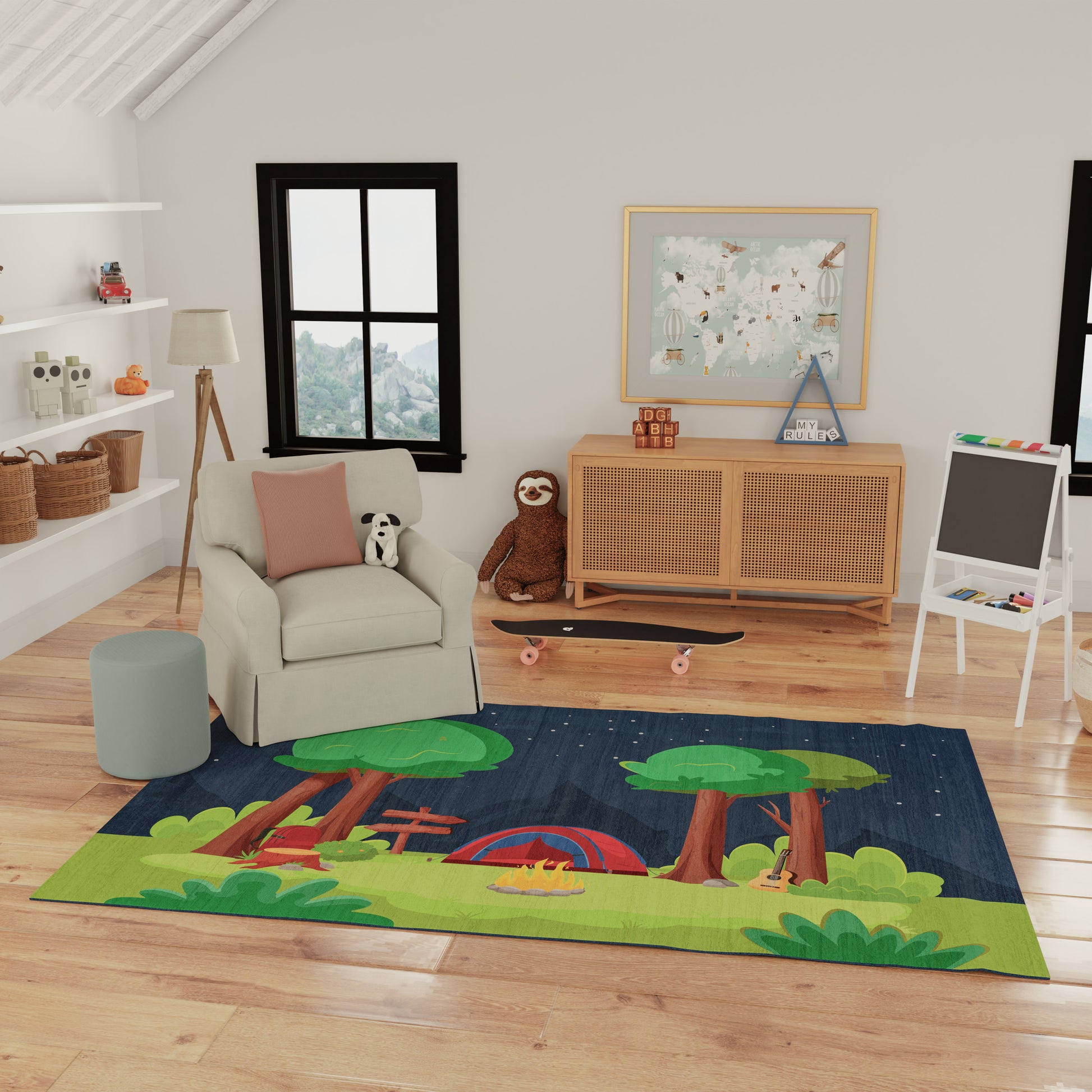 Rectangular kids' play rug with a vivid forest campsite scene: trees, tents, campfire, and grassy foreground.