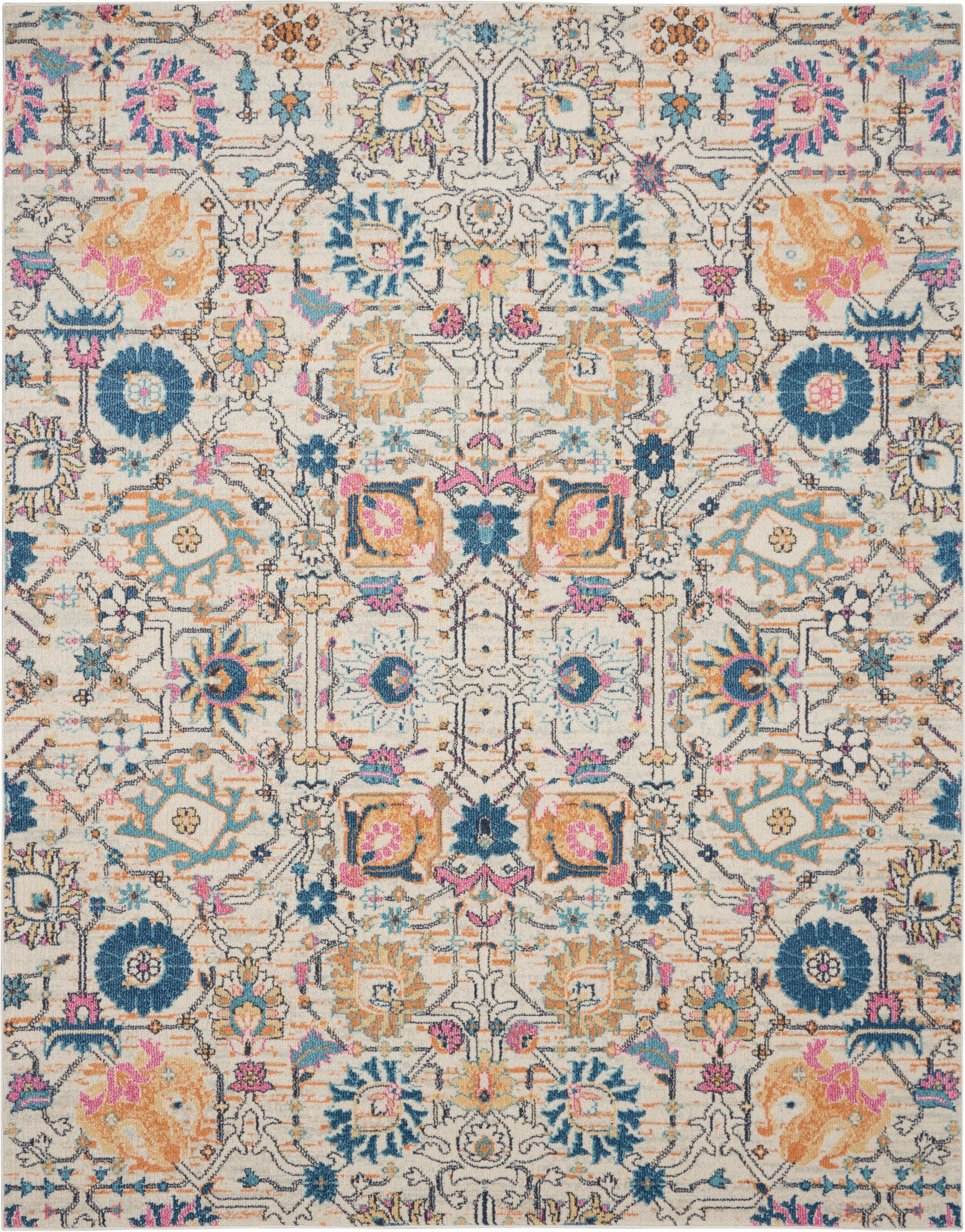 Colorful oriental rug with cream background, blue, teal, pink and orange floral medallions and intricate geometric motifs.