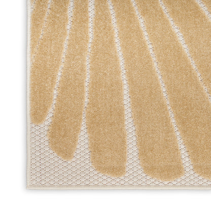 Beige outdoor rug with tan leaf-shaped petals on a cream woven base; textured, modern botanical design; 8' x 11'.