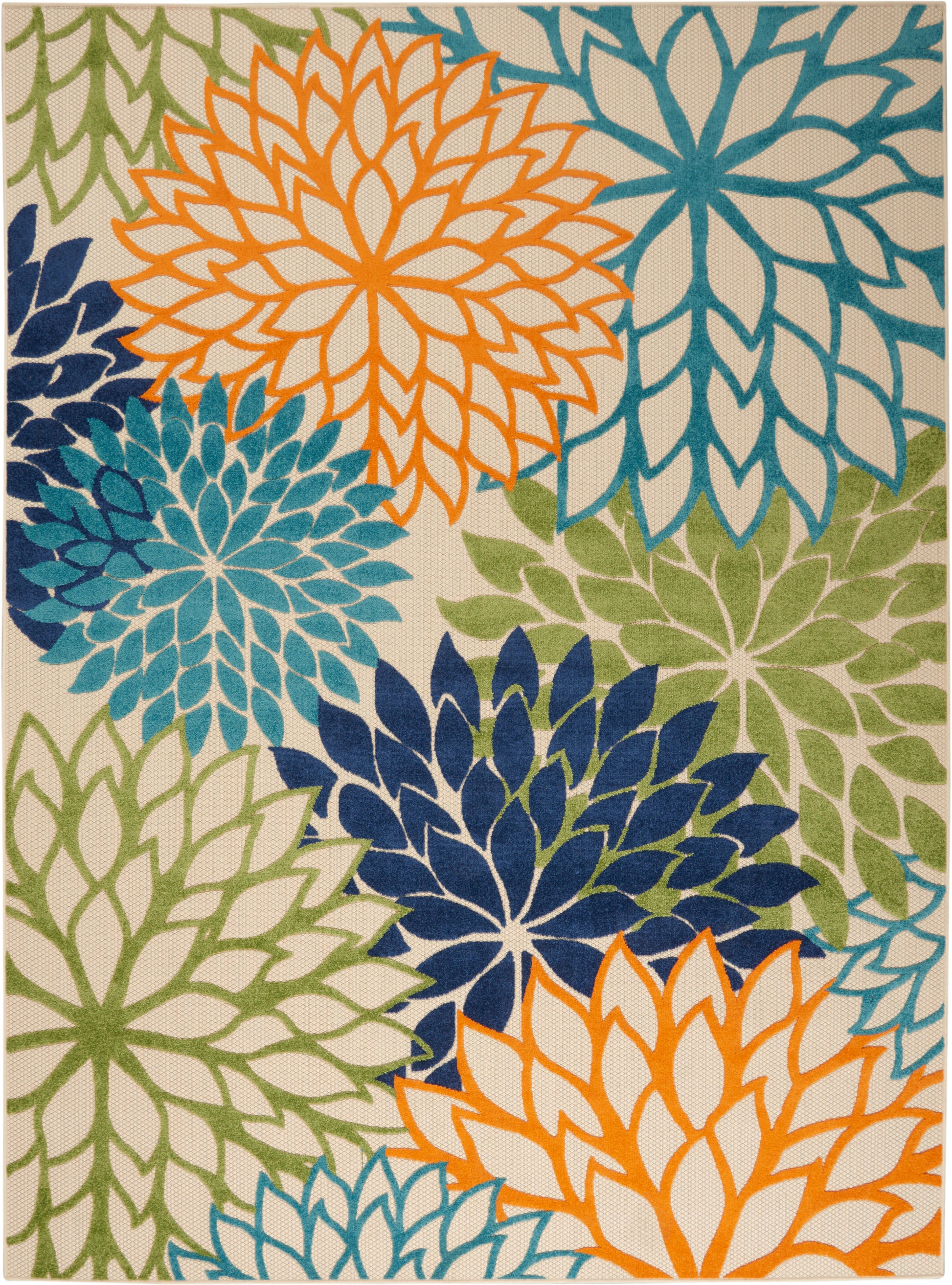 Oversized multicolor floral rug with orange, teal, lime green and navy petals on cream background.