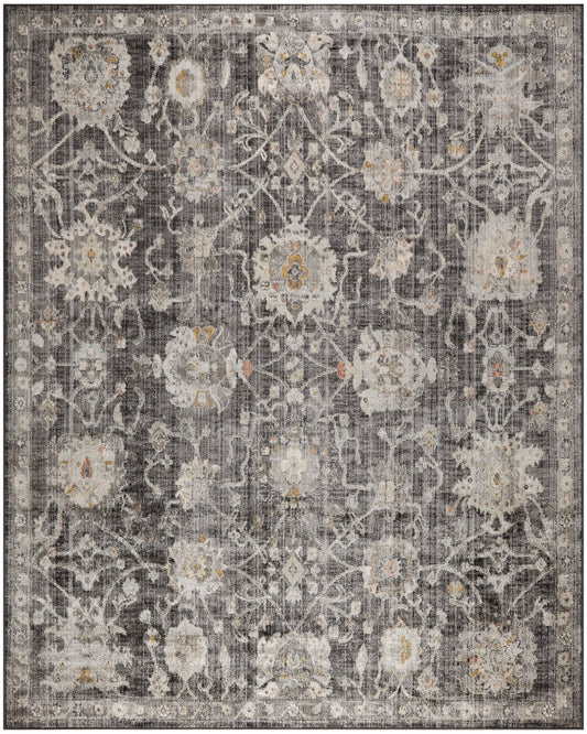Distressed gray area rug, 8' x 10', with ivory floral motifs and subtle gold accents.