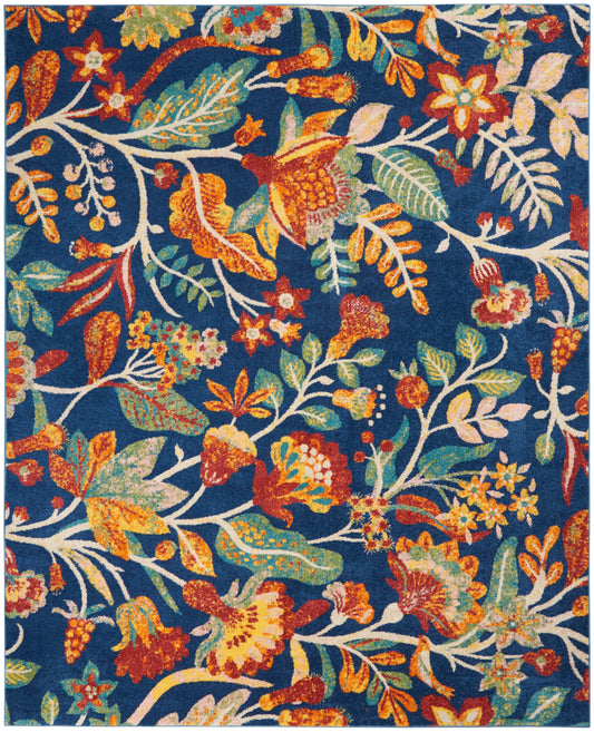 Vibrant blue floral pattern with orange and yellow flowers and green leaves; decorative textile.