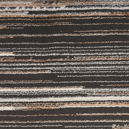 Textured dark brown rug with beige, tan and cream irregular horizontal stripes.