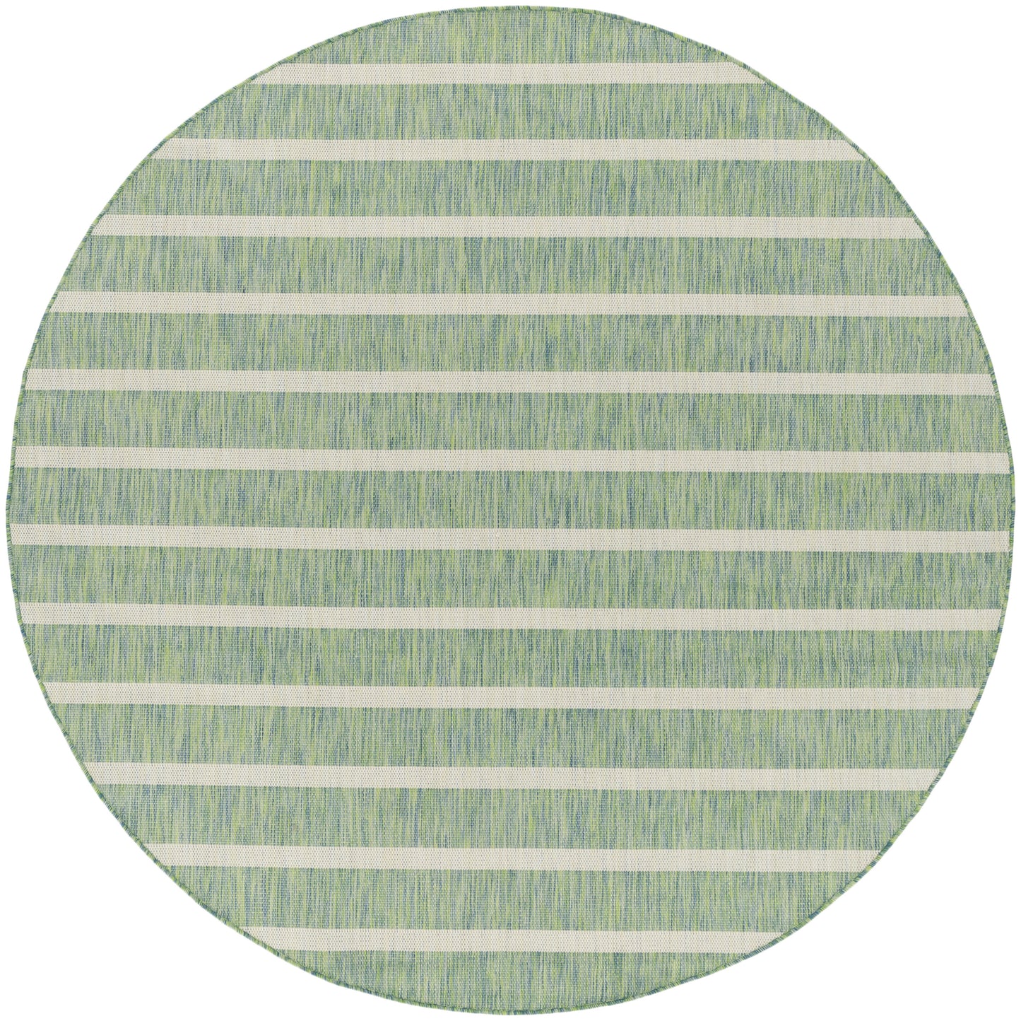 Round rug with green-blue textured background and white horizontal stripes.