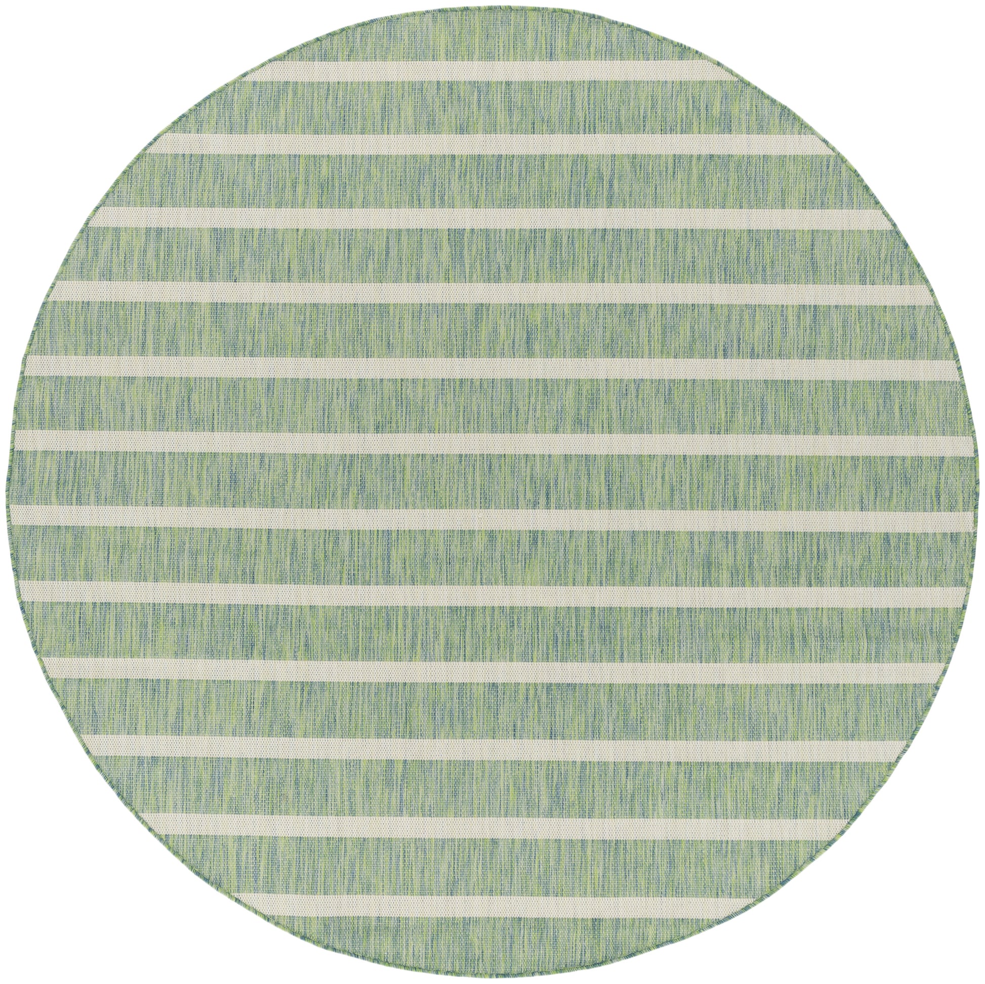 Round rug with green-blue textured background and white horizontal stripes.
