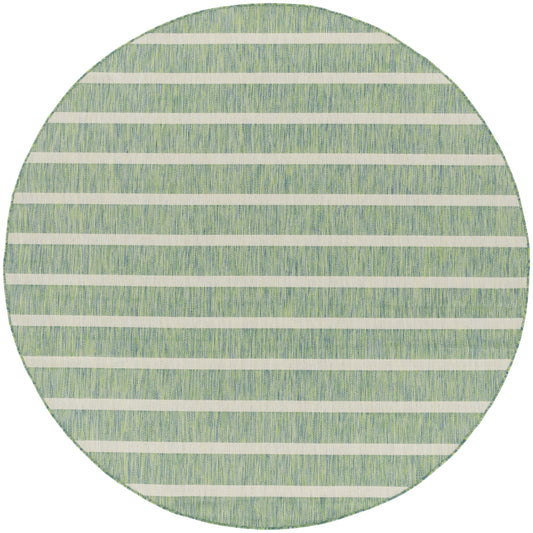 Round rug with green-blue textured background and white horizontal stripes.