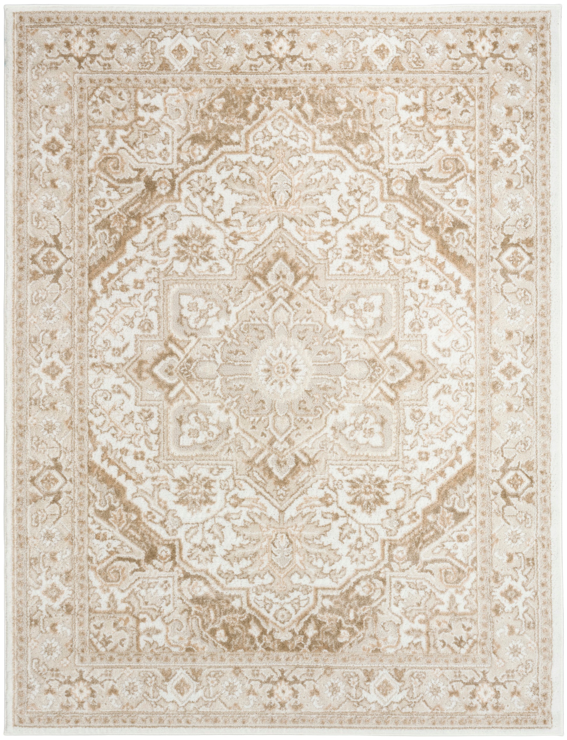 Beige and cream oriental rug with intricate floral medallion and ornate border; traditional Persian-style area rug.