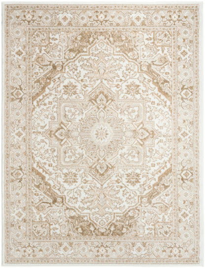 Beige and cream oriental rug with intricate floral medallion and ornate border; traditional Persian-style area rug.