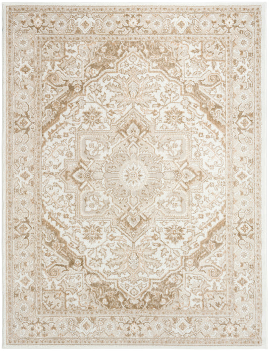 Beige and cream oriental rug with intricate floral medallion and ornate border; traditional Persian-style area rug.