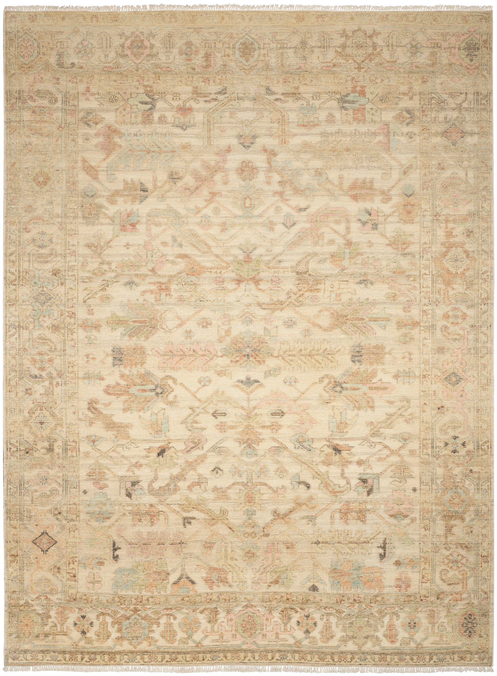 Distressed beige Persian-style area rug with pale pink, blue, & sage motifs, ornate border, fringe edges.