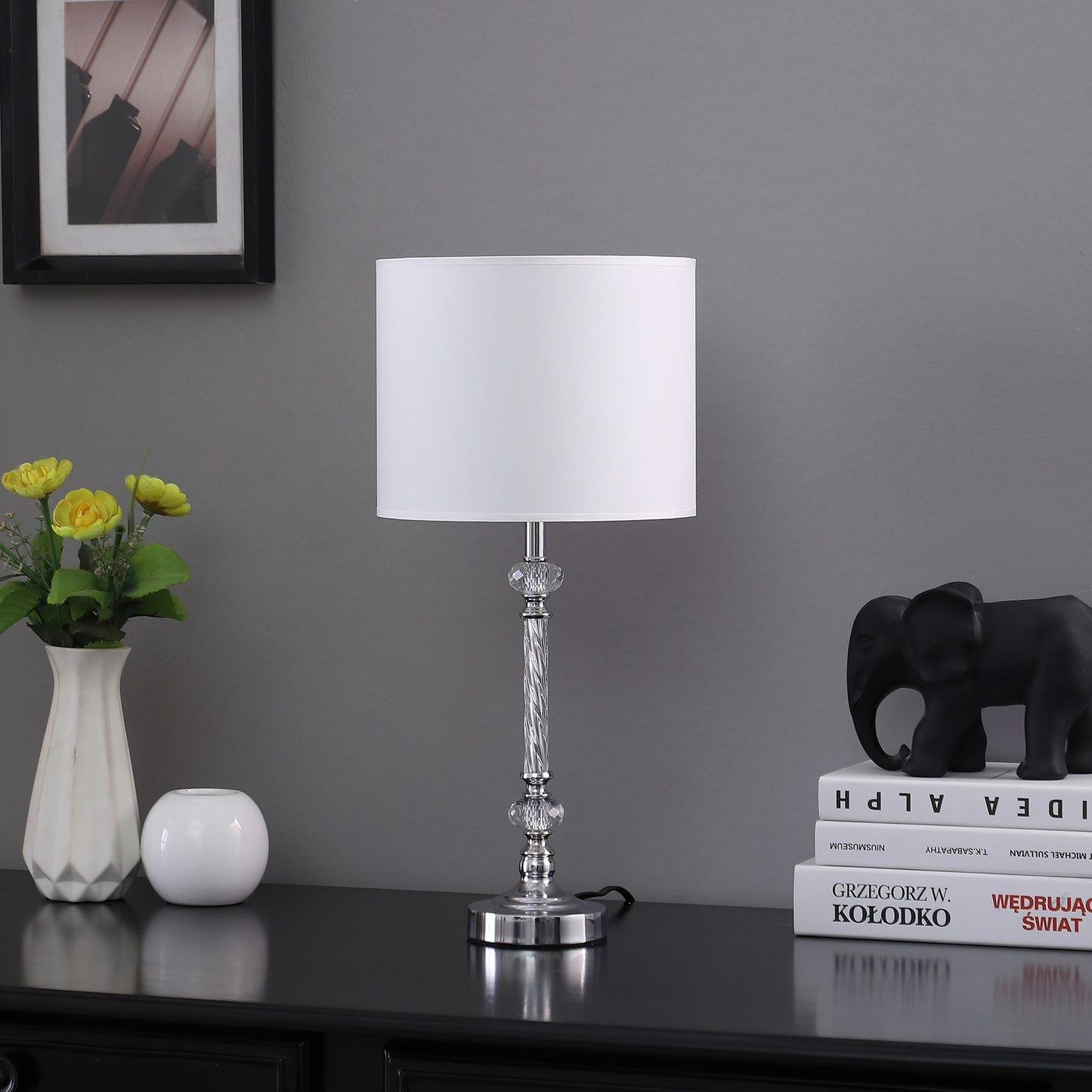 19" Silver Table Lamp With White Drum Shade