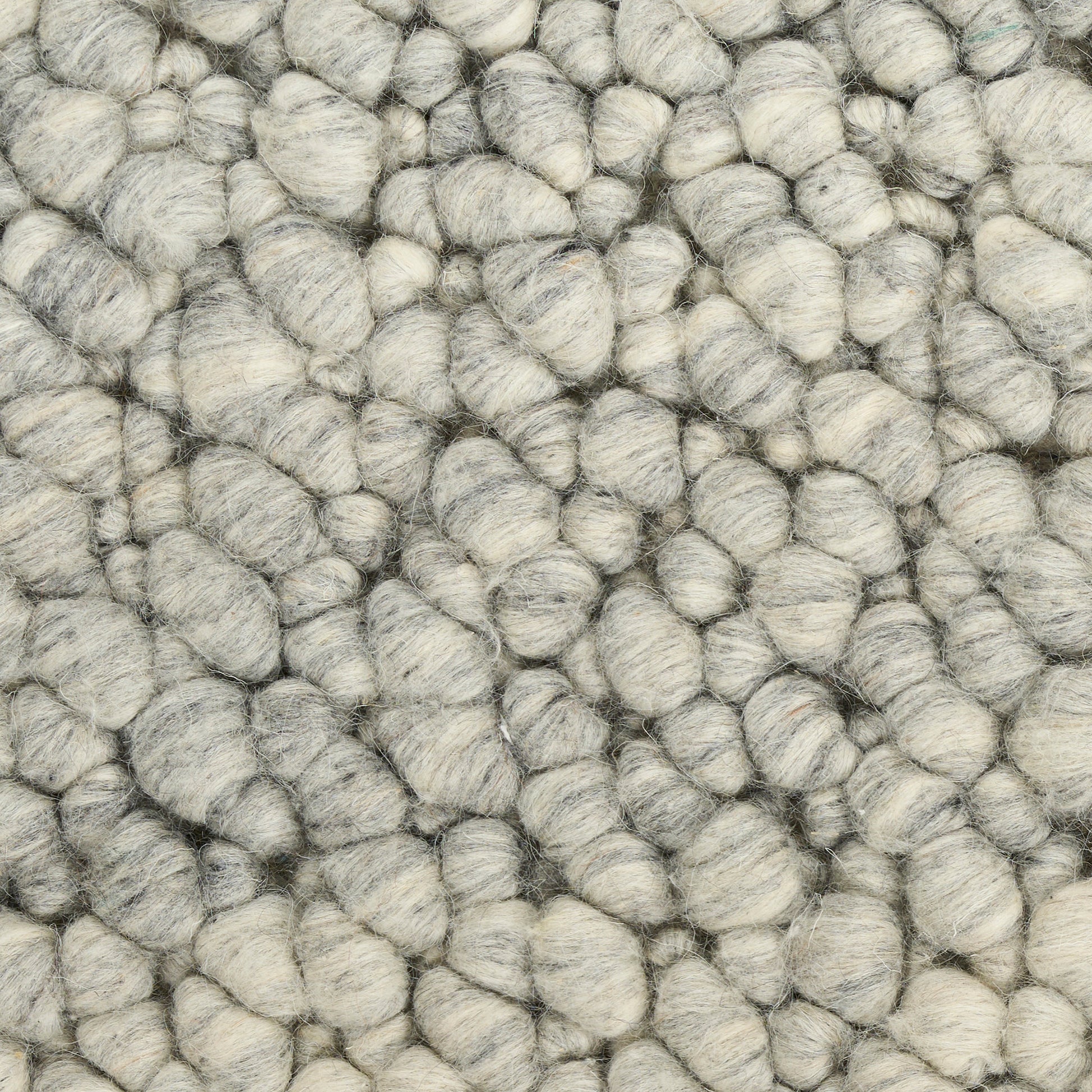 Close-up of light gray boucle yarn with chunky rounded loops; plush, soft rug texture.