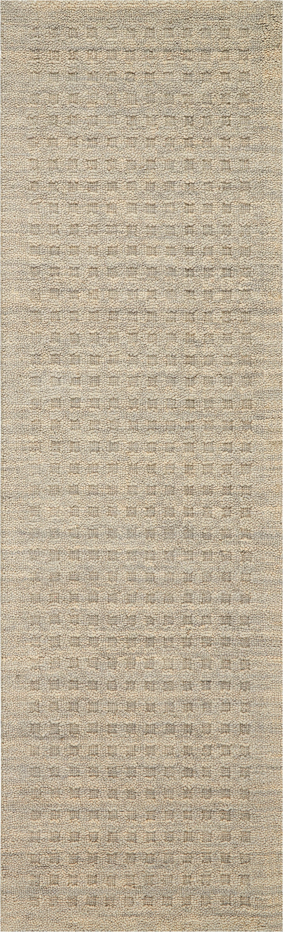 Beige textured rug runner with soft loop pile and subtle grid-like pattern in warm neutrals.