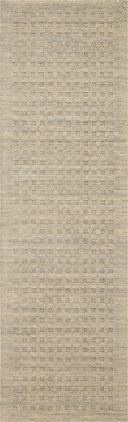 Beige textured rug runner with soft loop pile and subtle grid-like pattern in warm neutrals.