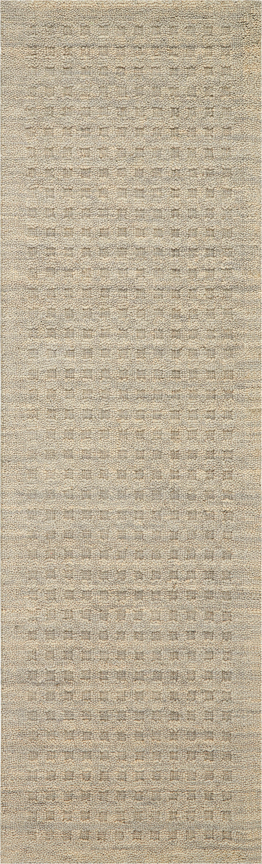 Beige textured rug runner with soft loop pile and subtle grid-like pattern in warm neutrals.