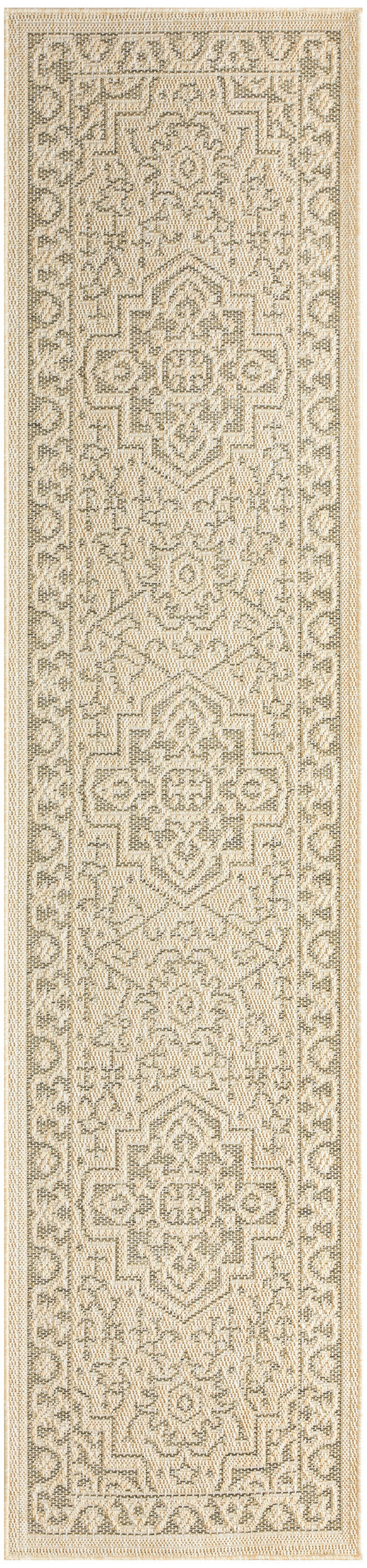 Neutral beige & gray woven runner rug with repeating geometric medallions & decorative borders; fringed ends.