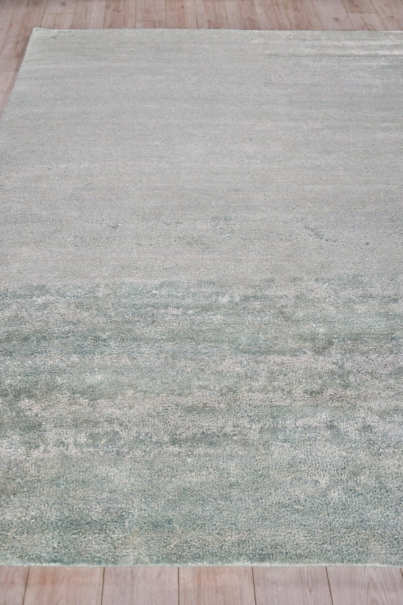 Light gray and sage distressed area rug with subtle blue-green fade on wood floor.