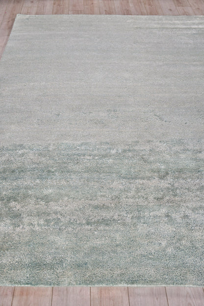 Light gray and sage distressed area rug with subtle blue-green fade on wood floor.