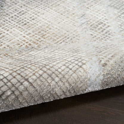 Beige plush rug with a raised diamond grid texture on a dark wood floor.