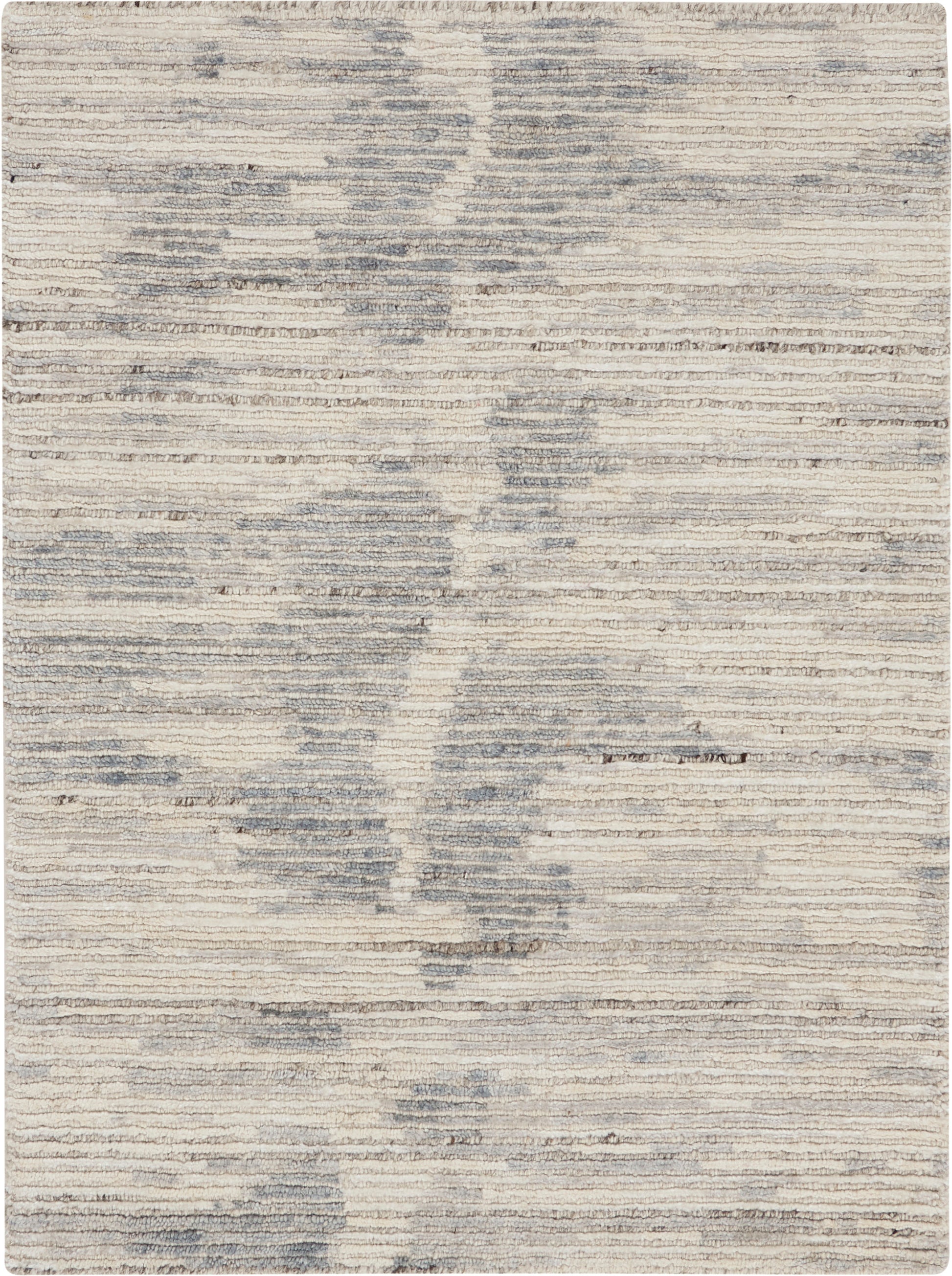 Beige and blue-gray abstract rug with subtle horizontal texture and cloud-like patches.