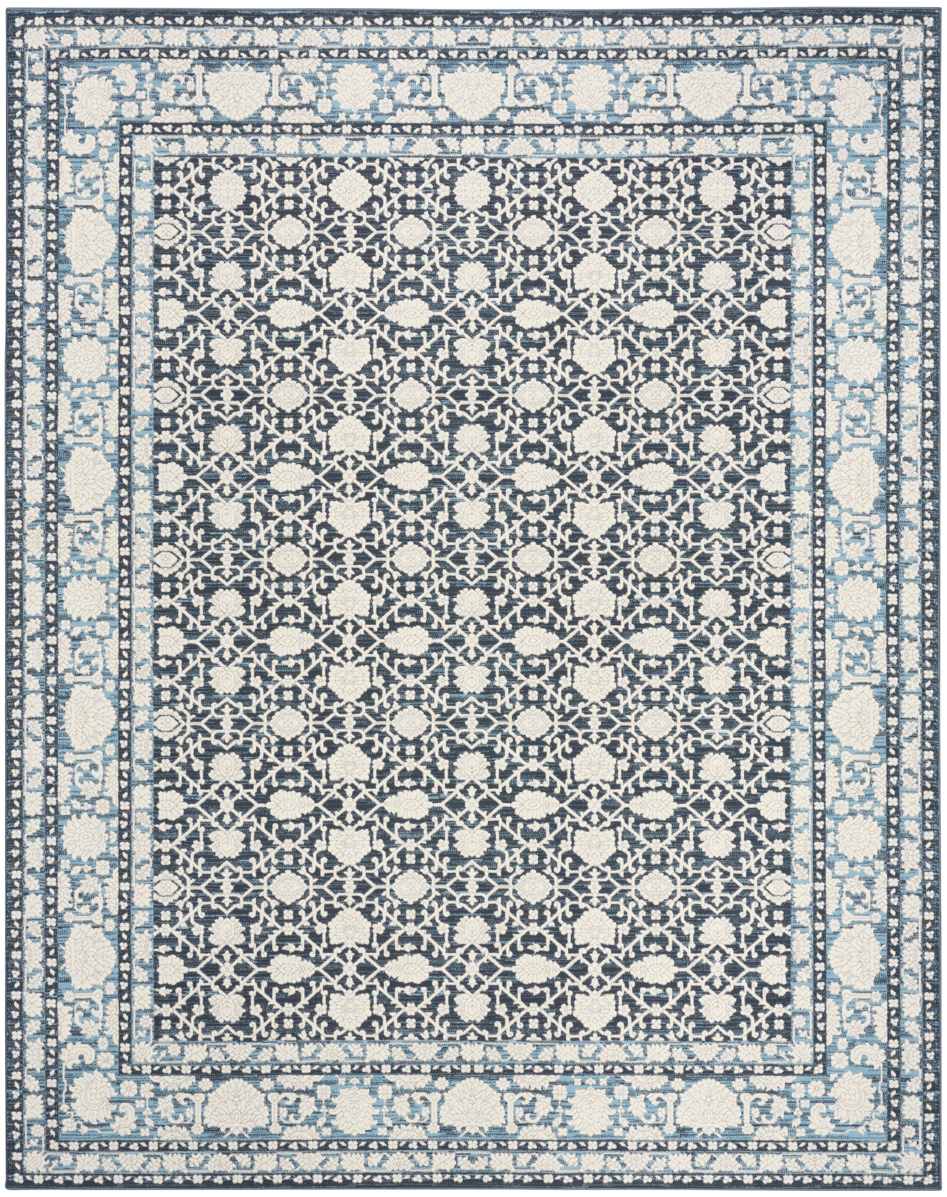 Navy center area rug with ivory floral lattice pattern and light blue border; traditional oriental-inspired design.