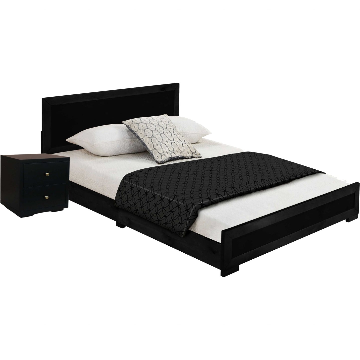 Moma Black Wood Platform Queen Bed With Two Nightstands